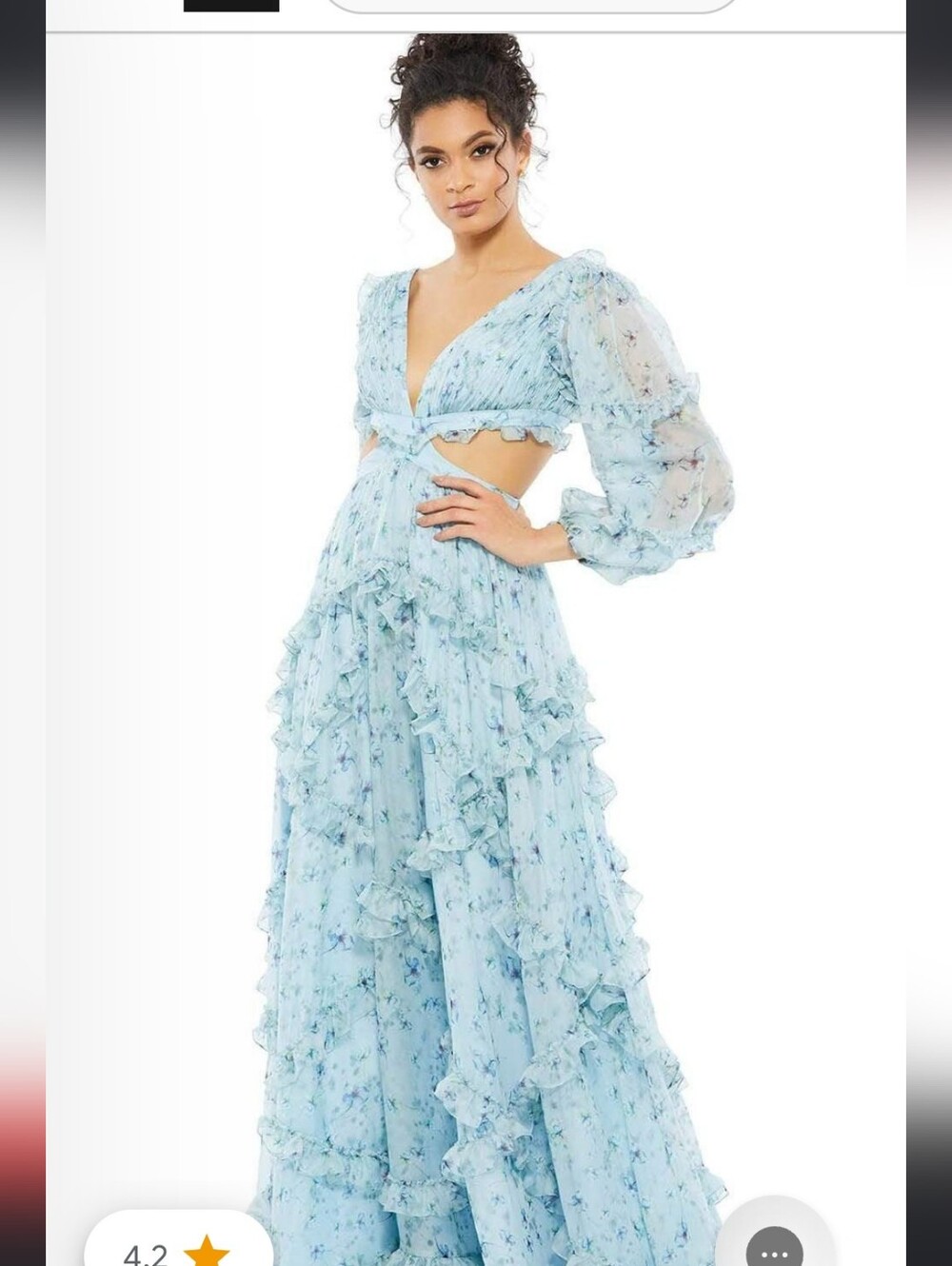 Mac Duggal Light Blue Floral Ruffle Dress with Bishop  Sleeves NWT
